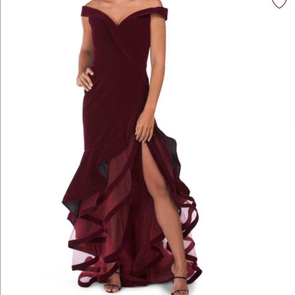 MacDuggal velvet gown with ruffle cascade hem